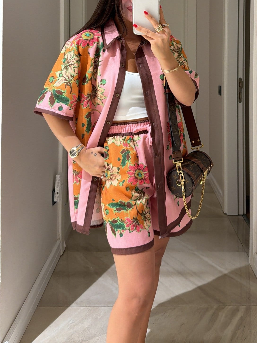 Pink Floral Print Short-sleeved Shirt And Shorts Set