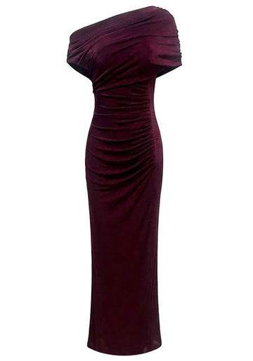One Shoulder Bardot Draped Maxi Dress Burgundy