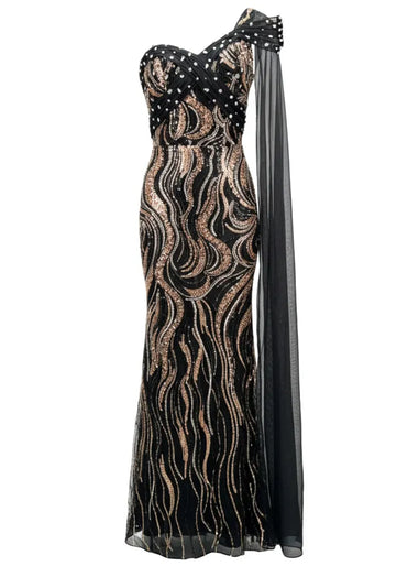 One Shoulder Sequin Maxi Dress Black Gold
