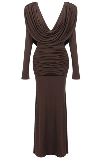Long Sleeve Draped Maxi Dress Brown