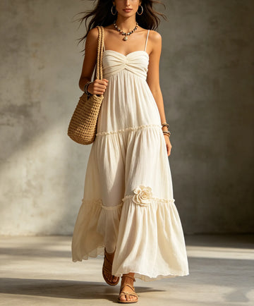 Women's Spaghetti Strap Tiered Maxi Dress with Floral Applique