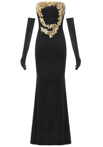 Strapless Gold Applique Maxi Velvet Dress Black