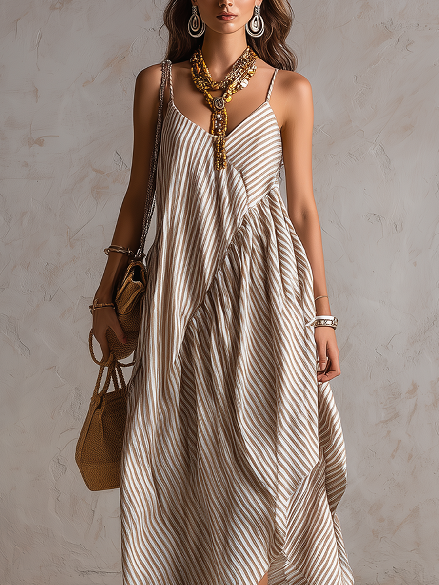 Neutral Striped Asymmetric Boho Maxi Dress