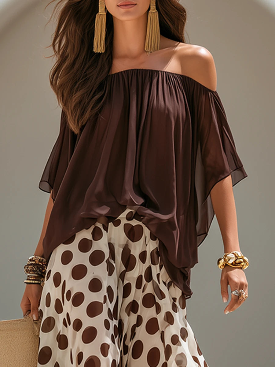 Vacation short-sleeve top and polka-dot wide-leg trousers chiffon set