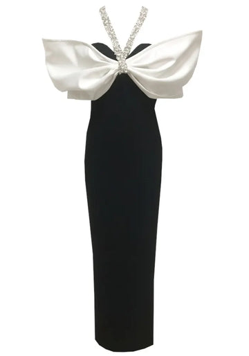 Halter Crystal Bardot Maxi Dress Black White