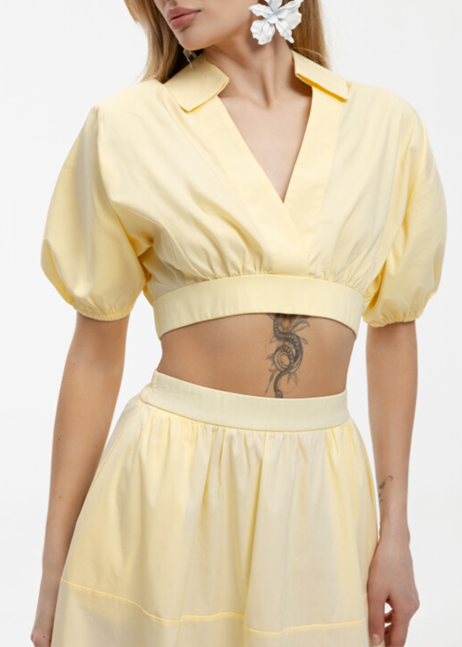Yellow V Neck Crop Top Midi Skirt Set