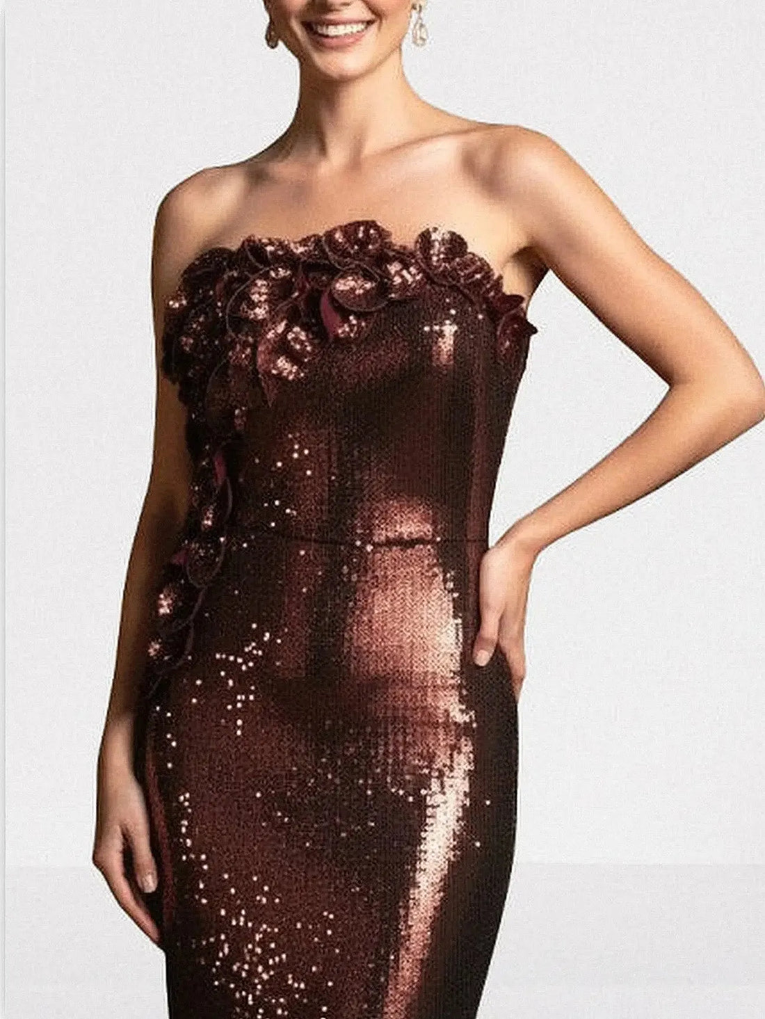 3D Petal-Appliquéd Mahogany Brown Sequin Gown
