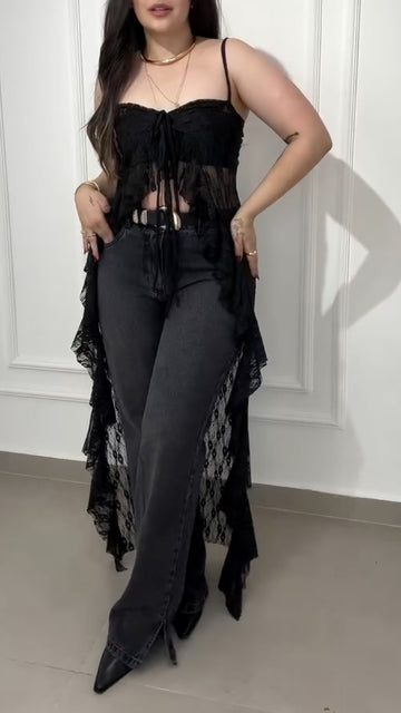 Sheer Lace Fringe Tie Front Maxi Cover Up Top