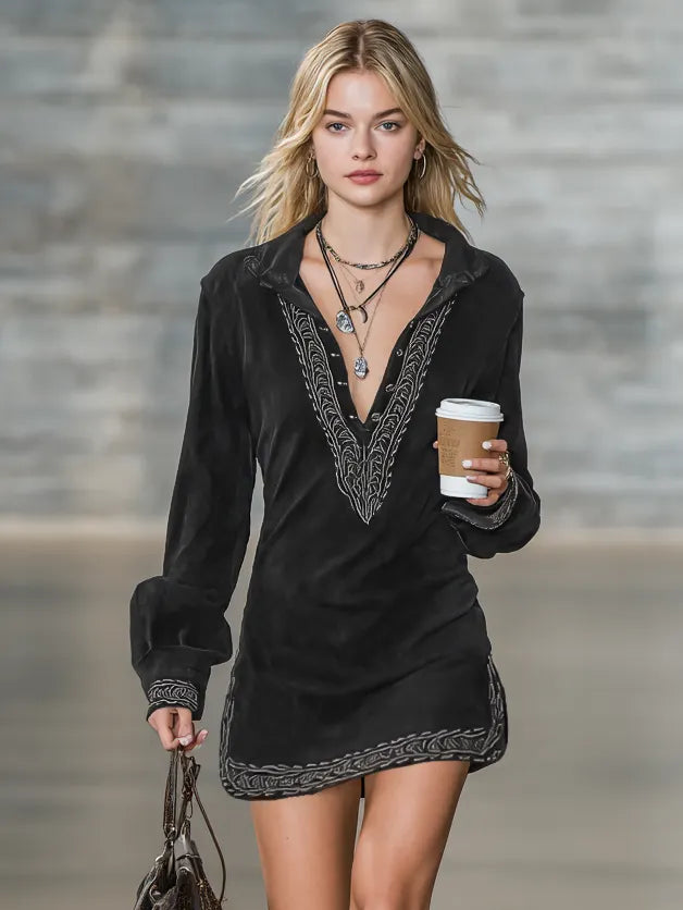 Women's Vintage Faux Suede Embroidered Shirt Collar Long Sleeve Mini Dress MDA1807I4Y