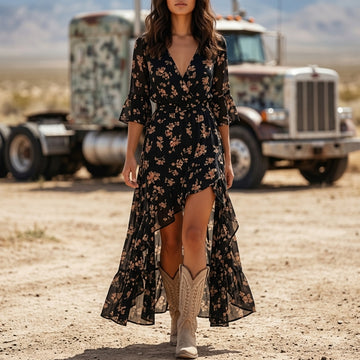 Western Cowgirl Vintage Floral Irregular Hem Dress