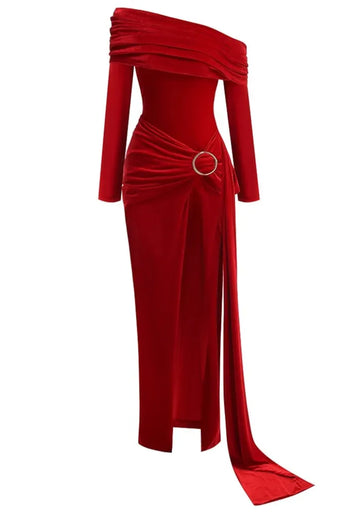 Long Sleeve Draped Bardot Maxi Velvet Dress Red