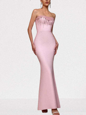Embellished Strapless Fitted Long Pink Gown