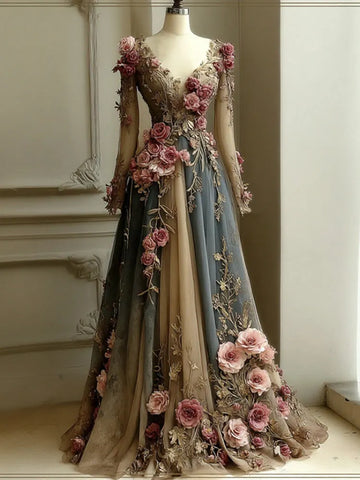 Women's Vintage Rose Gradient Art V-neck Long Sleeve Maxi Dress