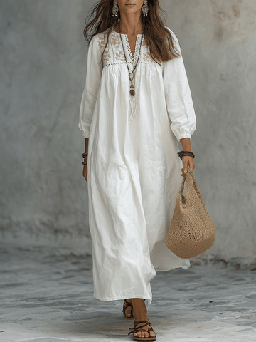 Bohemian White Maxi Dress With Floral Embroidery And Balloon Sleeves