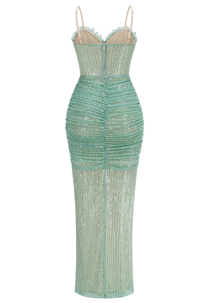 Lace Ruched Sequin Maxi Dress Green