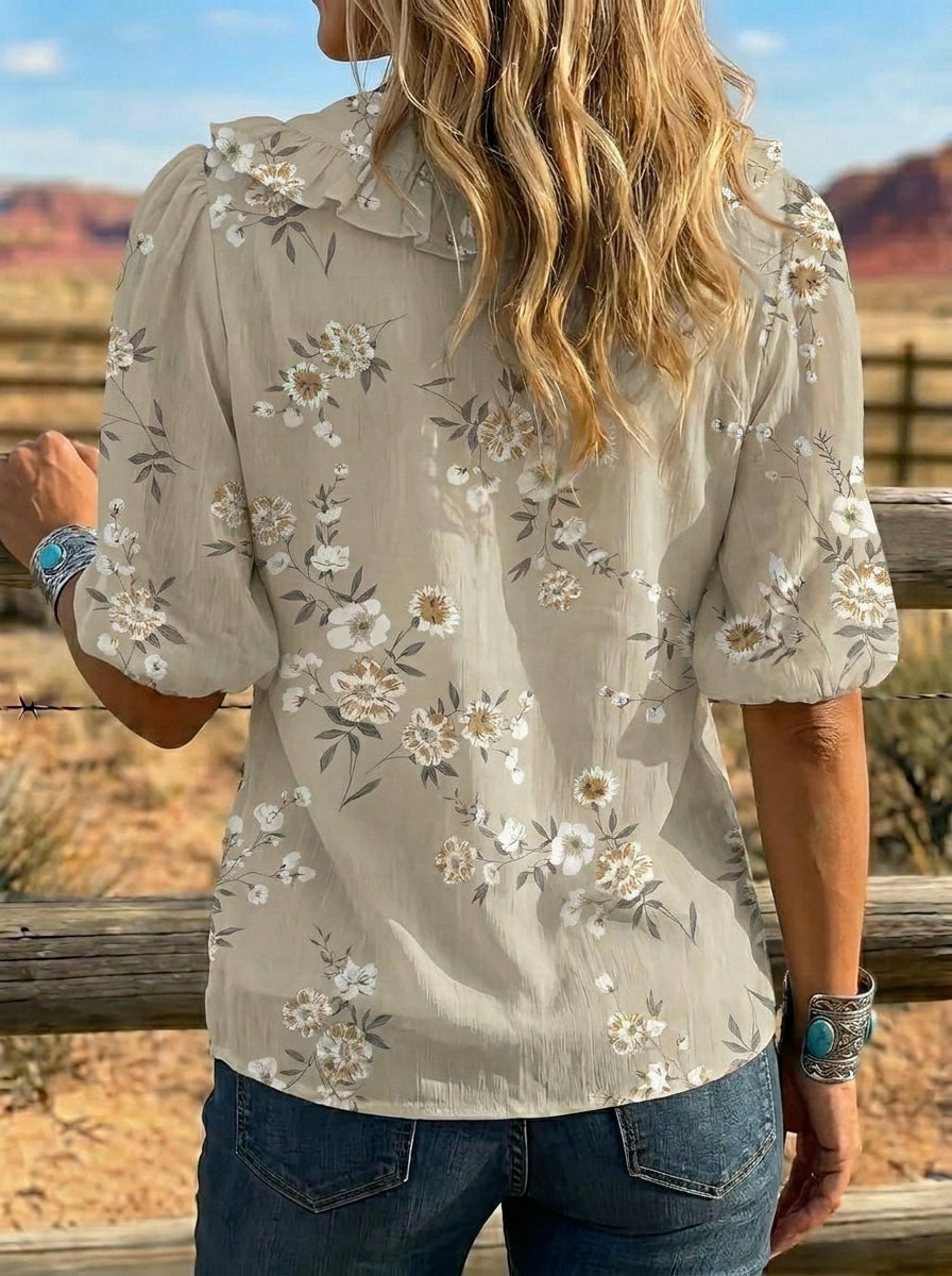 Women's Retro Floral Art Puff Sleeve Casual Shirt