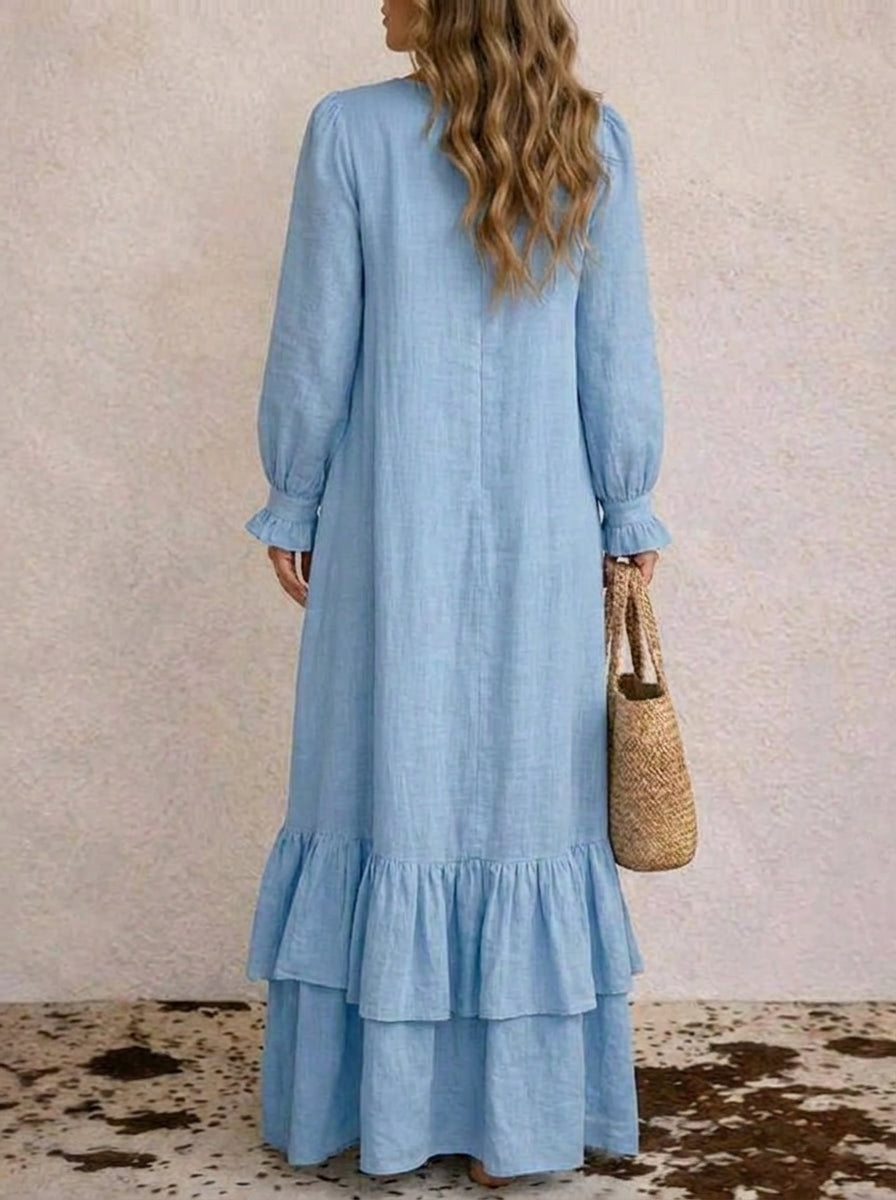 Light Blue Boho Cascade Ruffle Maxi Dres