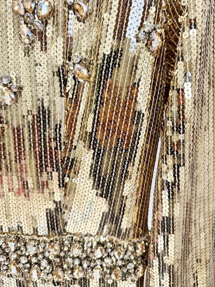 Long Sleeve Crystal Detail Sequin Maxi Dress Gold