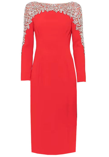 Long Sleeve Crystal Shoulder Midi Dress Red