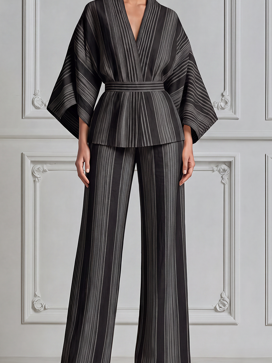 Black Striped Kimono Wrap Top & Wide Leg Pants Set