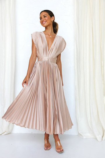 Elegant Satin Pleated V-neck Flowing Midi Dress