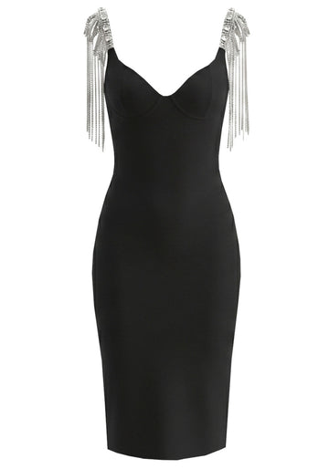 Crystal Shoulders Bustier Midi Dress Black