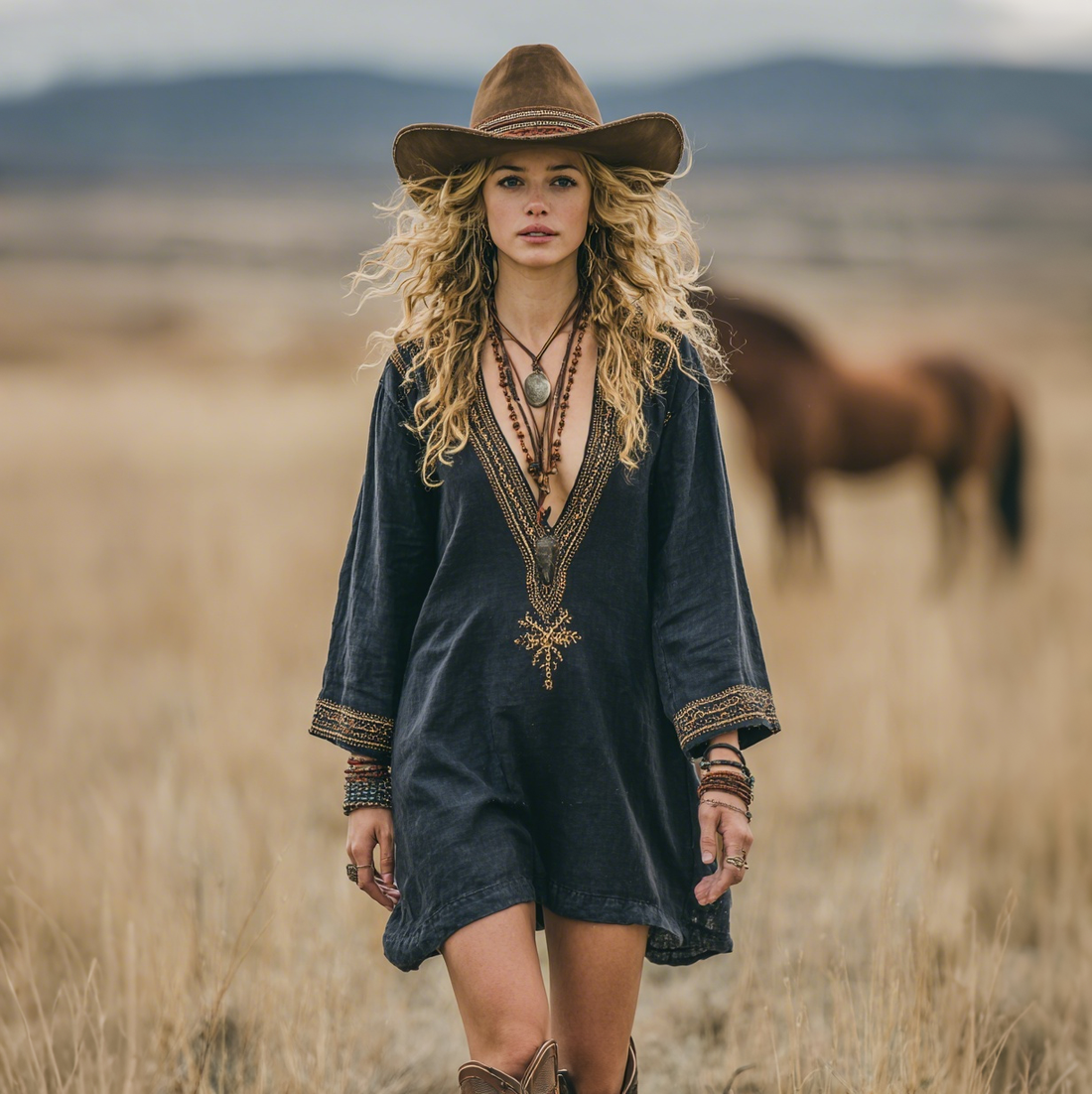Vintage Women's Western Style V-Neck Linen Long Sleeve Dress Miniskirt