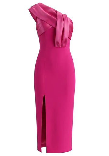 One Shoulder Draped Midi Dress Hot Pink