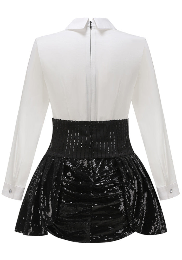 Long Sleeve Sequin Two Piece Dress Black White