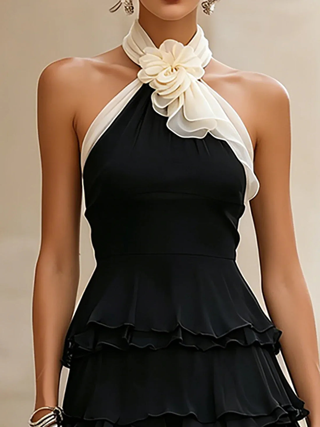 Black Chiffon Floral Halter Neck Layered Mini Dress