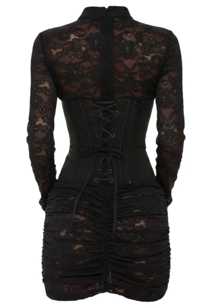 Long Sleeve Draped Lace Corset Dress Black