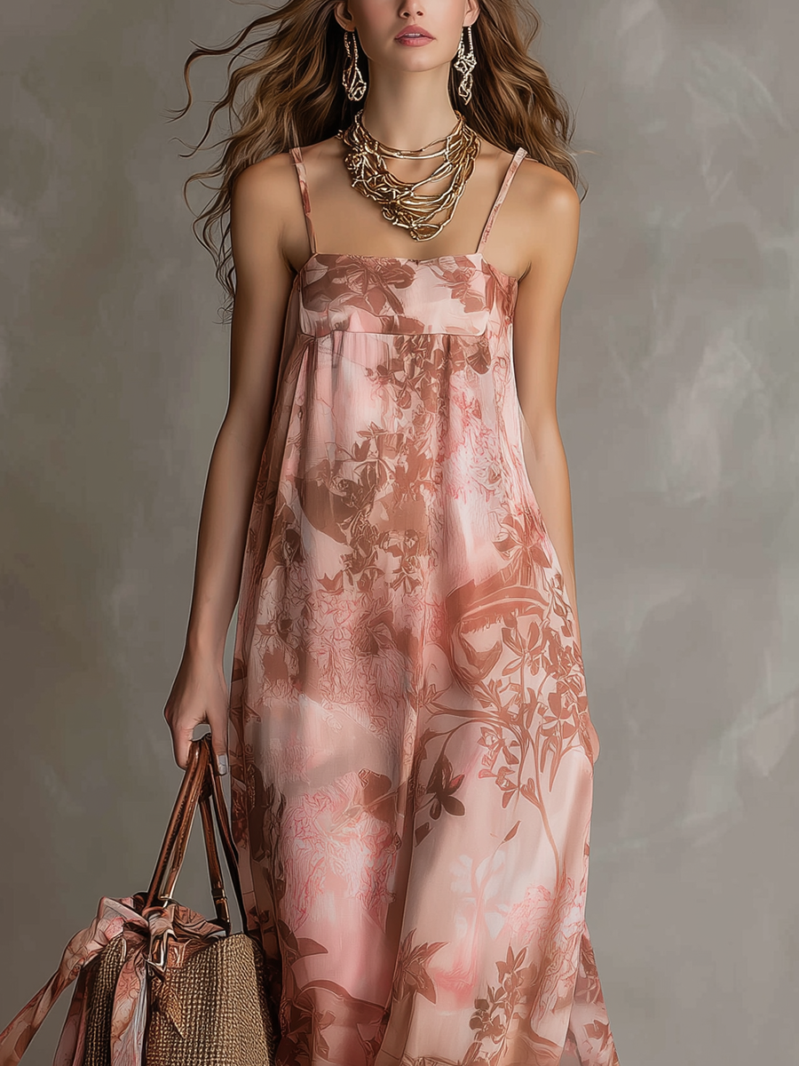 Romantic Bohemian Blush Floral Flowing Long Dress