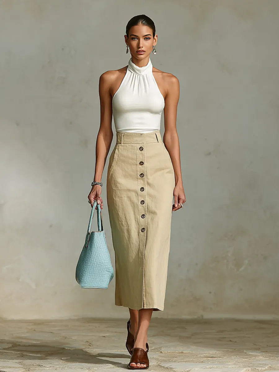 Women's Off-White Halter Neck Top & Khaki Midi Skirt Co-Ord With High Waist, Modern Effortless-Chic Neutral Outfit MDZ2877D0LYL