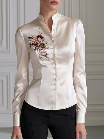 Floral Embroidered Mandarin Collar Satin Shirt