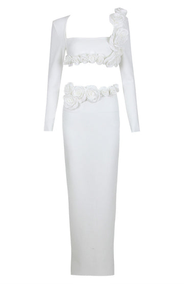 Long Sleeve Flower Detail Two Piece Maxi Dress White