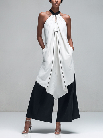 Women’s White Halter Neck Asymmetrical Tunic Top & Black Wide-Leg Pants Two-Piece Set MDZ2764D6T