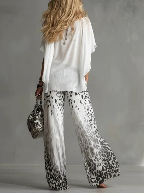 Flowy White T-shirt And Leopard Print Chiffon Pants Set