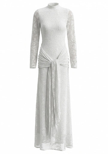Long Sleeve Embellished Lace Maxi Dress White