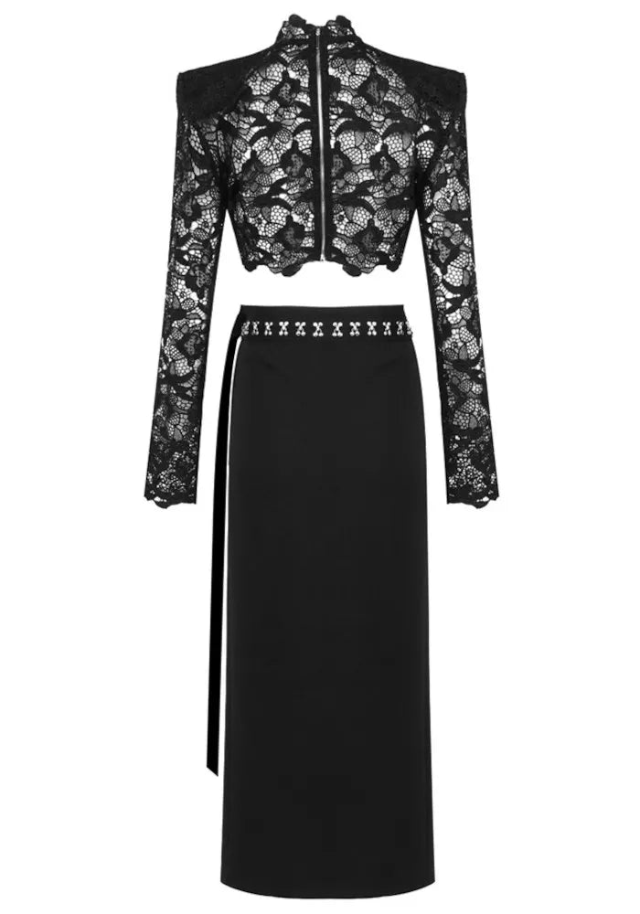 Long Sleeve Lace Midi Two Piece Dress Black