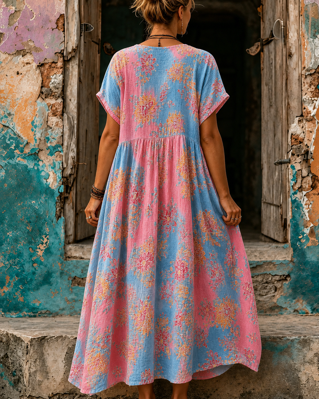 Women's Vacation Linen Boho Floral Print V-Neck Short Sleeve Maxi Dress