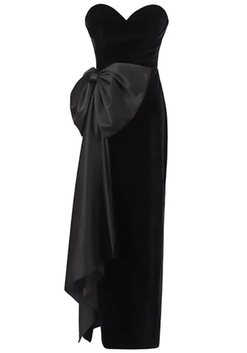 Strapless Bow Detail Maxi Velvet Dress Black