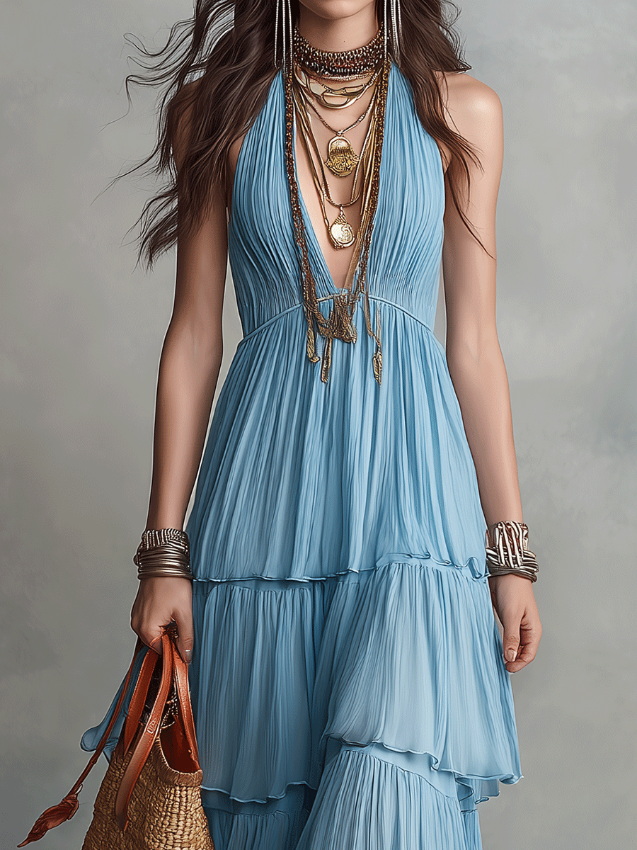 Elegant Bohemian Flowing Resort Chic Sky Blue Tiered Halter Maxi Dress