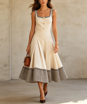 Women's Sleeveless Gingham Trim Midi Dress with Pleated Skirt