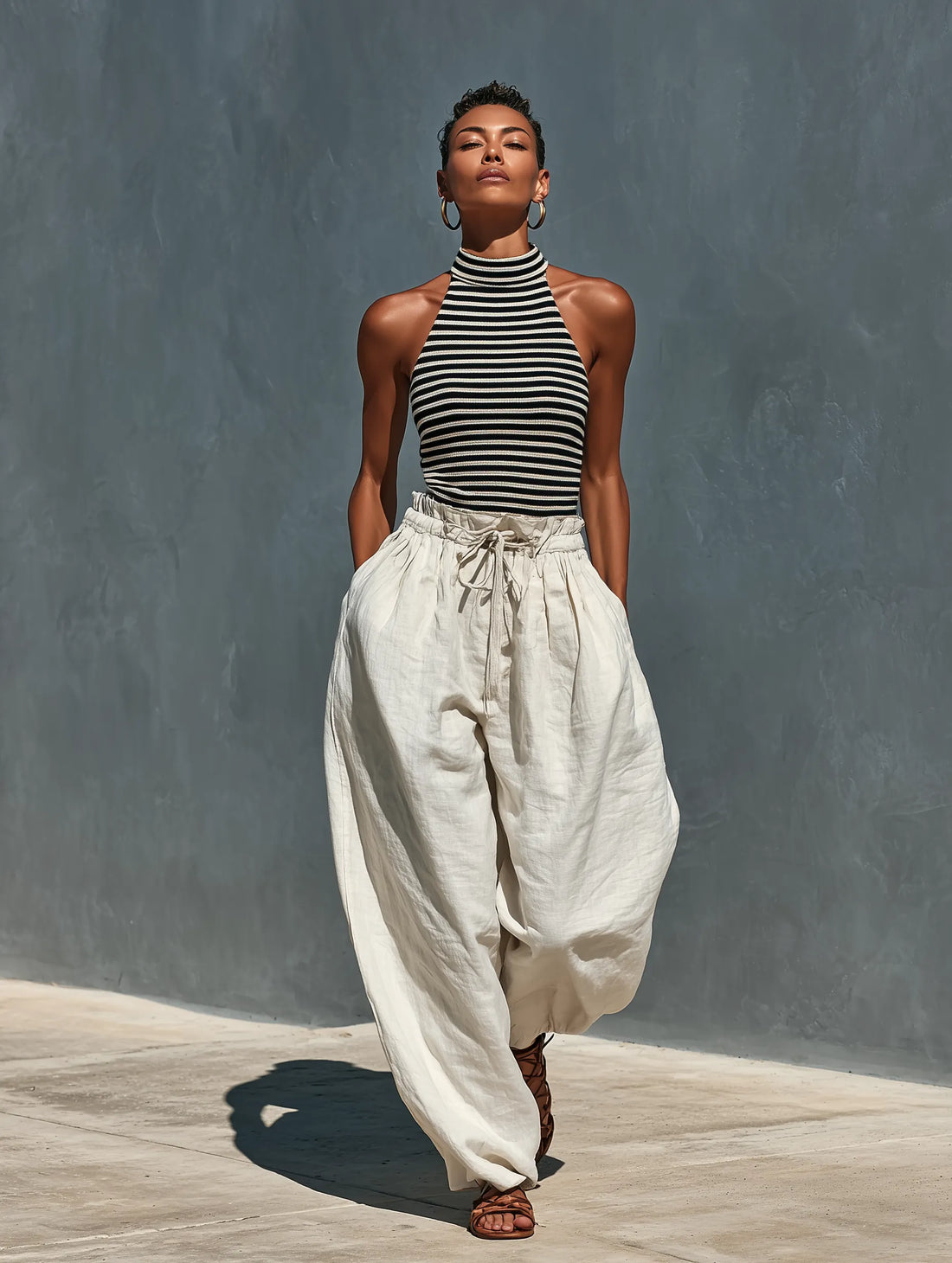 Women’s Black & White Striped Ribbed Knit Halter Top & Beige Linen Drawstring Wide-Leg Pants Two-Piece Set With Pockets MDZ2206D5T
