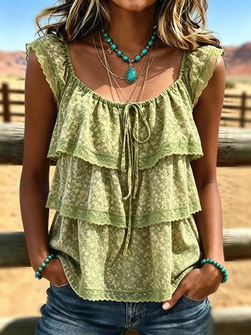 Women's Vintage Flowers Print Patchwork Chiffon Tank Top Casual Shirt