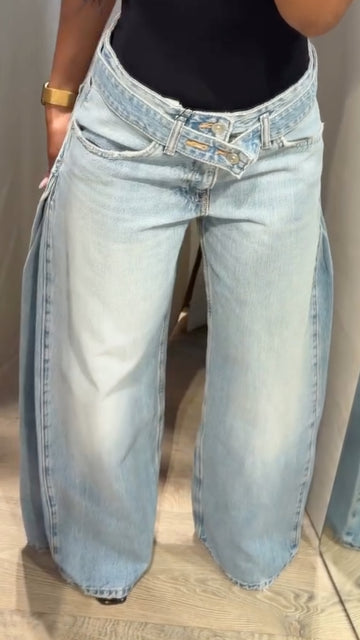Wash Asymmetrical Waist Wide Leg Jeans