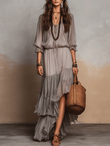 Elegant Boho Chic Ruffled Maxi Dress In Soft Gray
