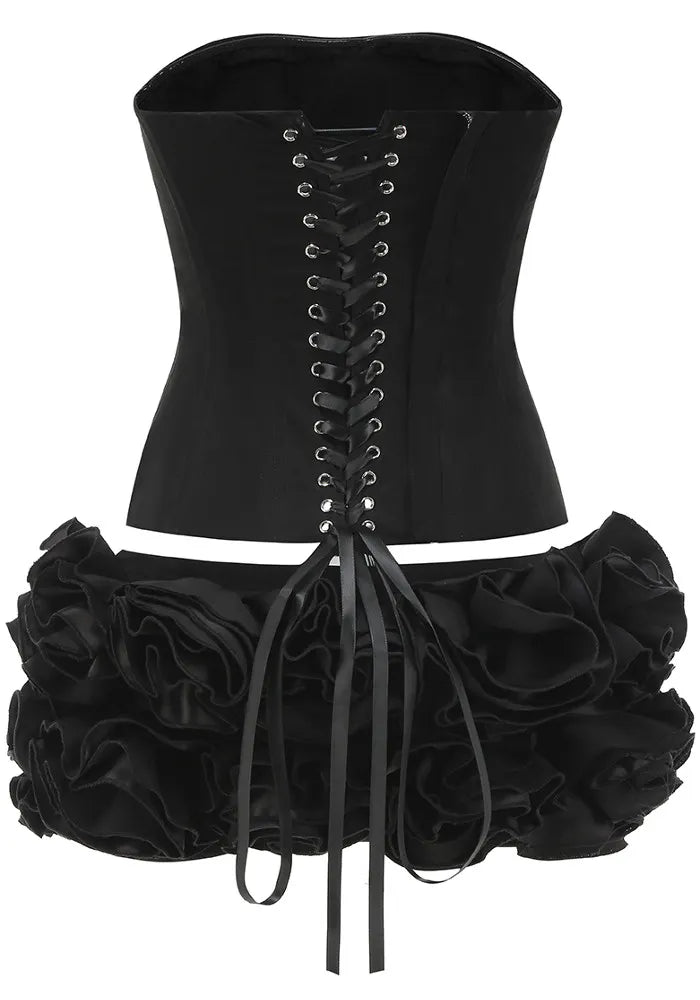 Strapless Corset Floral Ruffle Two Piece Dress Black