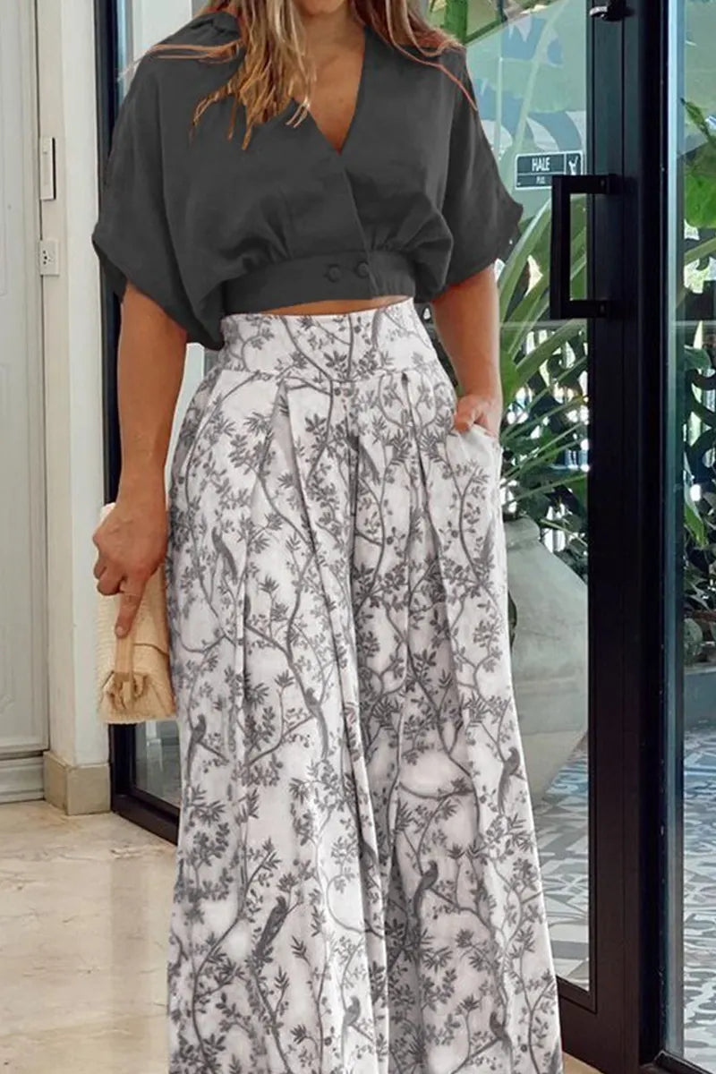 Two-Piece Set with V-Neck Blouse and Wide-Leg Pants