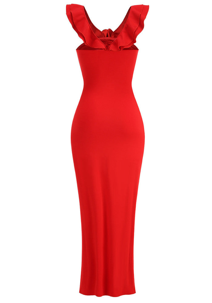 Ruffle Floral Maxi Dress Red